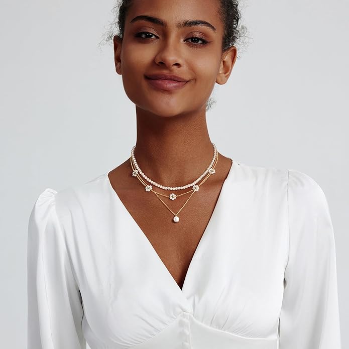 Zeffy Gold Pearl Necklace for Women, Dainty 14K Gold/Silve Plated Layered Pearl Choker Pearl Earrings Pearl Bracelets Wedding Trendy Gold Jewelry Set for Women Gifts