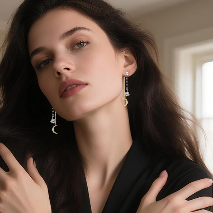 Moon and Star dangle Earrings for Women Chain Tassel with Cubic Zirconia Drop Celestial Jewelry for Wedding Gift