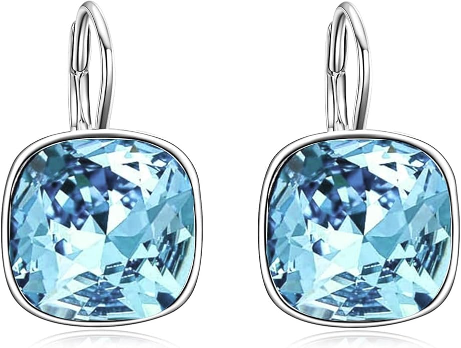 AOBOCO Sterling Silver Leverback Earrings Embellished with Crystals from Austria, Hypoallergenic Cushion Cut Square Crystal Earrings, Fine Anniversary Birthday Jewelry Gifts for Women