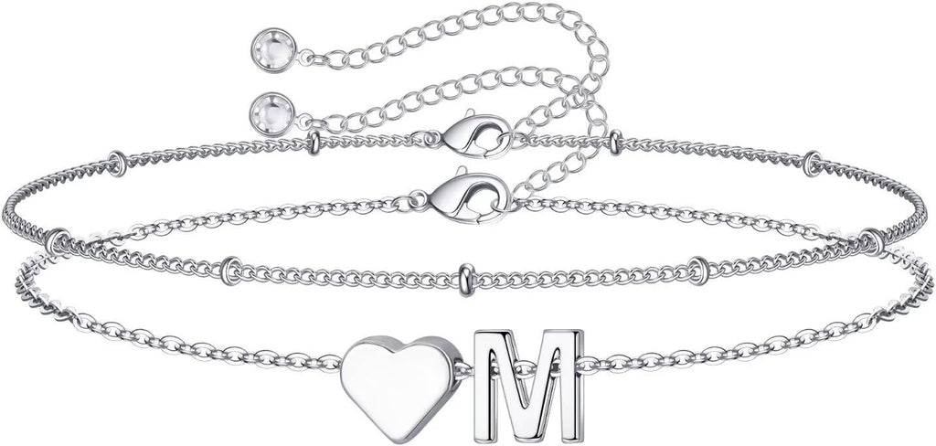 M MOOHAM Valentines Day Gifts for Kids Teen Girls -14K-Gold-Plated Heart Initial A-Z Bracelets for Women Girl Dainty Gold Bracelets Birthday Valentines Gifts for Women Her Teenage Girls Kid Teen Gift