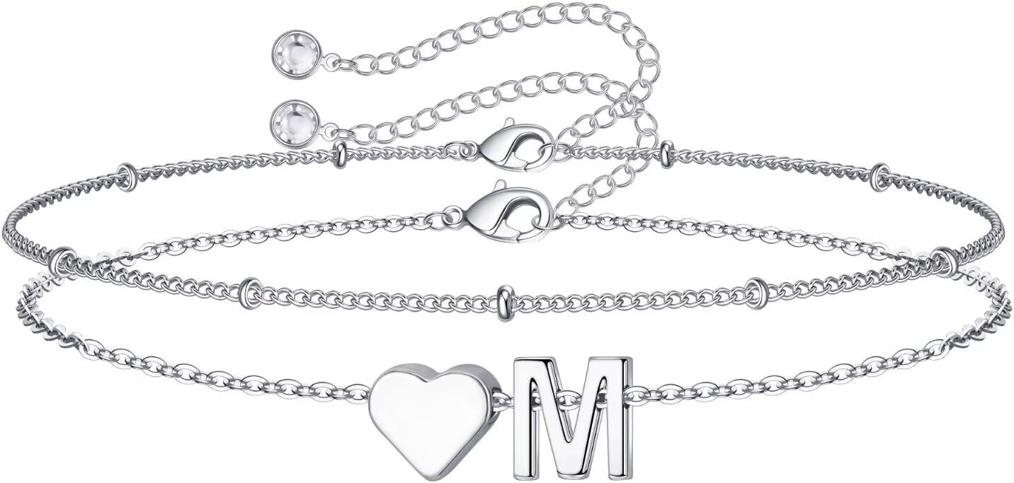 M MOOHAM Valentines Day Gifts for Kids Teen Girls -14K-Gold-Plated Heart Initial A-Z Bracelets for Women Girl Dainty Gold Bracelets Birthday Valentines Gifts for Women Her Teenage Girls Kid Teen Gift