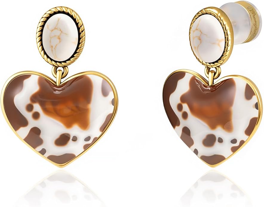 Wrangler Western Heart Drop Dangle Earrings for Women Statement 14k Gold Turquoise Cow Print Cowgirl Trendy Jewelry