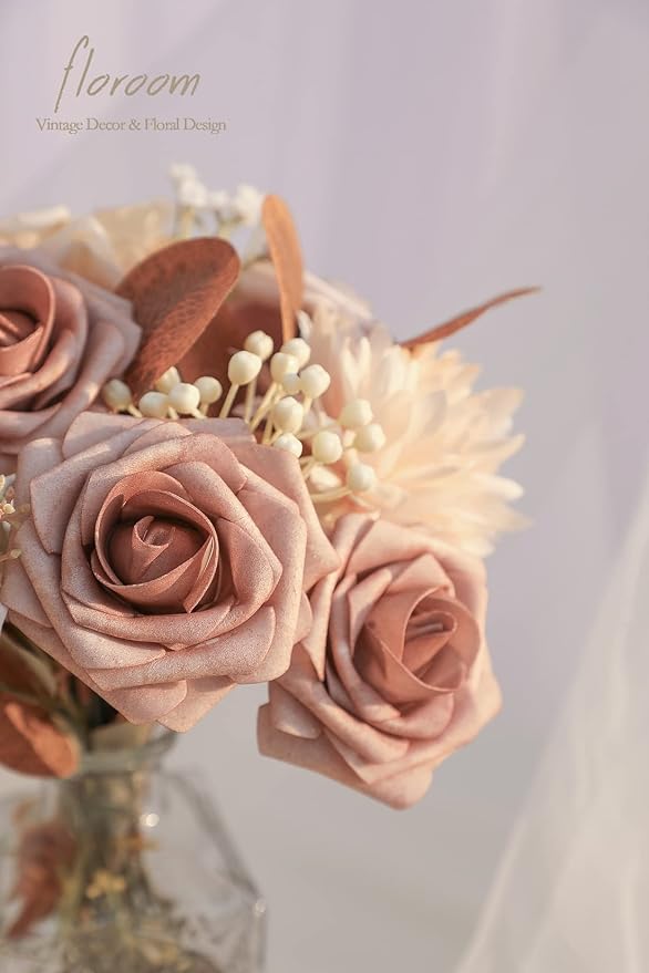 Artificial Flowers 25pcs Real Looking Warm Taupe & Nude Foam Fake Roses - Image 3