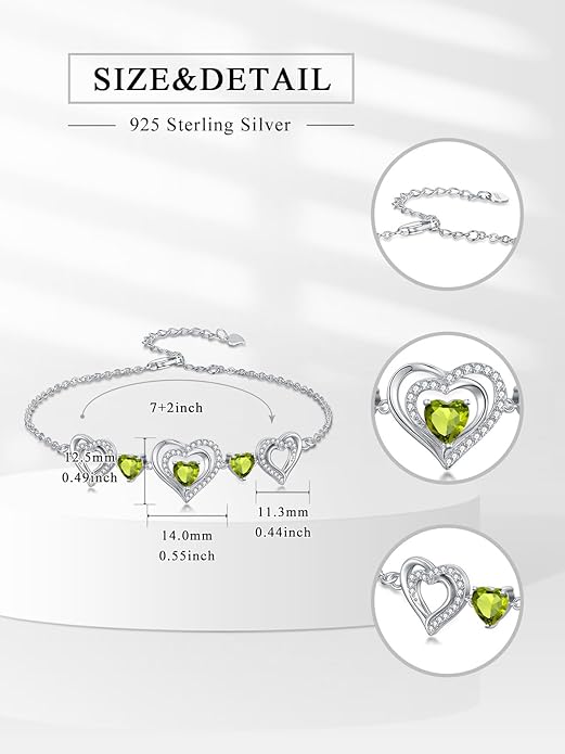 Birthstone Charm Link Bracelet 925 Sterling Silver Rose/Heart/Mom Bracelet with 12 Months Birthstone Mother's Day Gift Jewelry Gifts for Women,Chain Length 7"+2" Extend