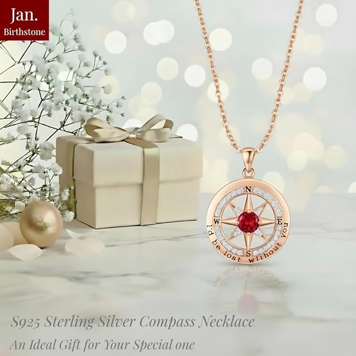 Compass Necklace for Women Wife Girlfriend Mom Daughter Gifts S925 Sterling Silver Jewelry For Anniversary Rose Gold Gifts For Birthday Christmas Mothers Valentines Day 12 Birthstones