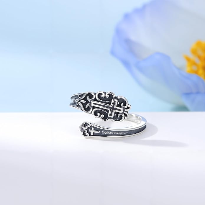 PELOVNY Spoon Rings for Women 925 Sterling Silver Vintage Cross Tree of Life Turquoise Adjustable Thumb Rings Jewelry Gifts for Women Men