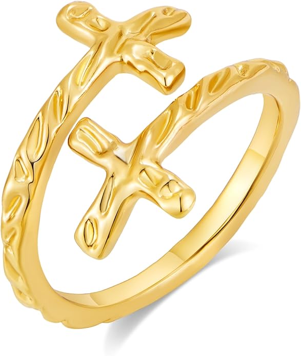 Cross Ring for Women 14 Gold Plated Hammered Texture Open Ring Size Adjustable Dainty Faith Christian Jewelry Gifts