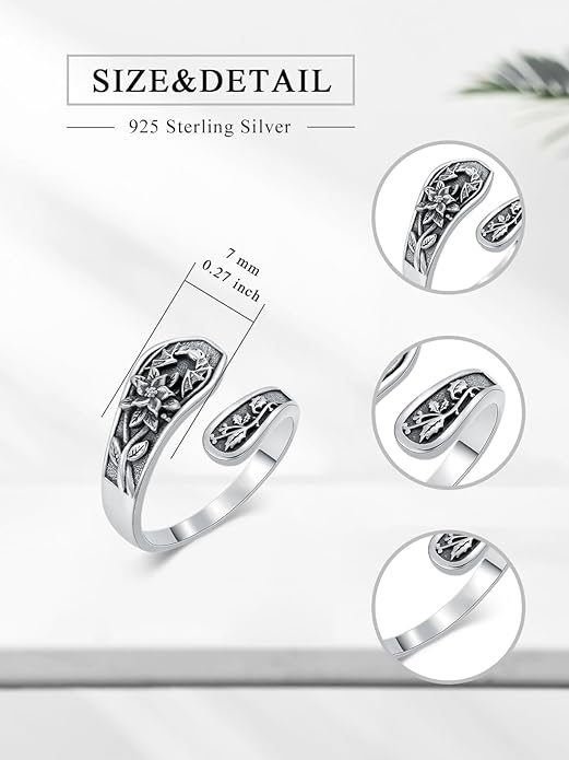 Midari Sun and Moon/Bee/Celtic/Life of Tree/Lotus Spoon Ring for Women 925 Sterling Silver Adjustable Ring Open Ring for Women Men Halloween Birthday Gift