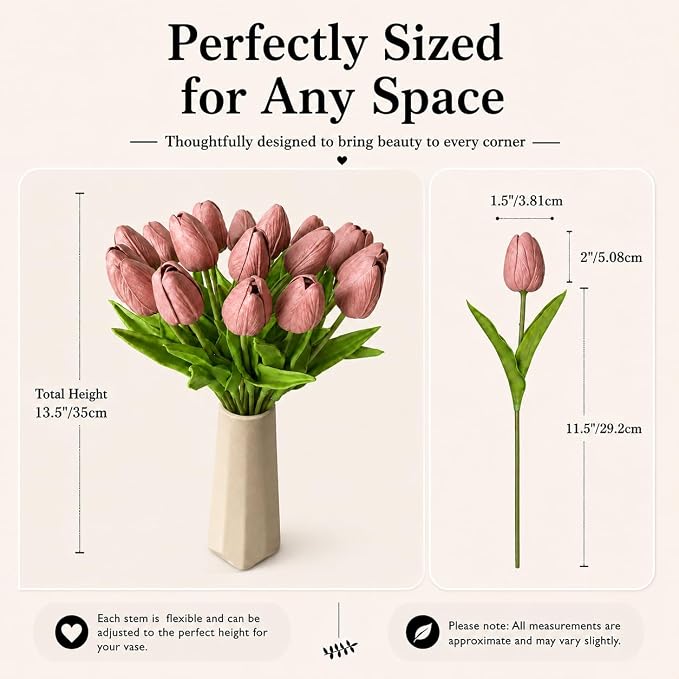 Mandy's 20pcs Artificial Mauve Tulips | 13.5 Inch Lifelike PU Tulips Faux - Image 3