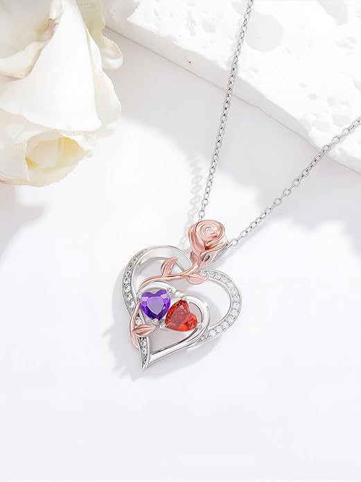 Rose Flower Heart Pendant for Women Birthday Gifts 18k Gold Plated Mother Daughter Necklace with 12 Months Birthstone Christmas Valentines Day Gifts for Her Mom Anniversarry Jewelry for Mom Wife Girlfriend