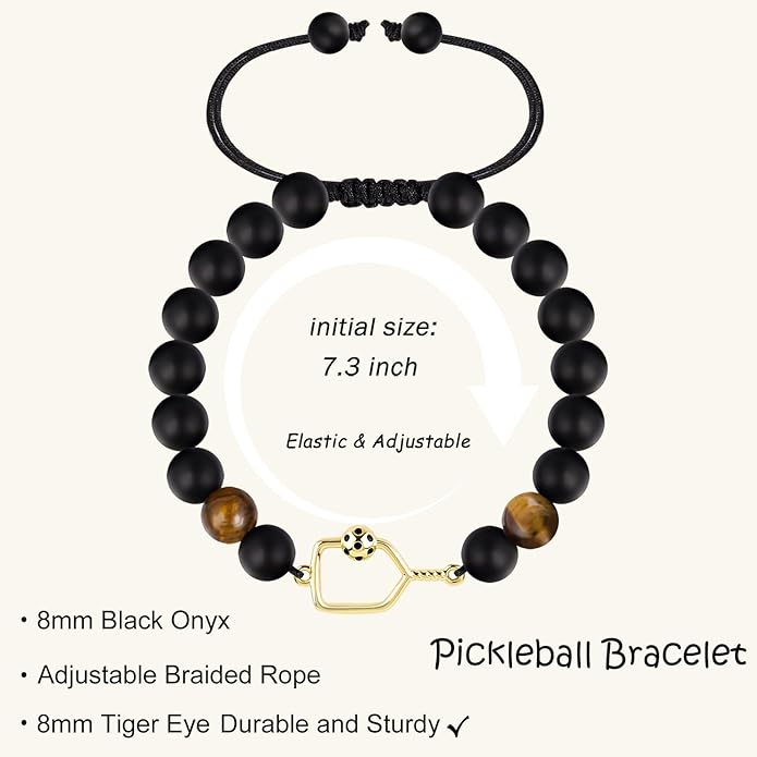 Natural Stone Adjustable Braided Beaded Pickleball Bracelet Charm Jewelry - Sports Lover Pickleball Gifts for Women Men Teens Friends