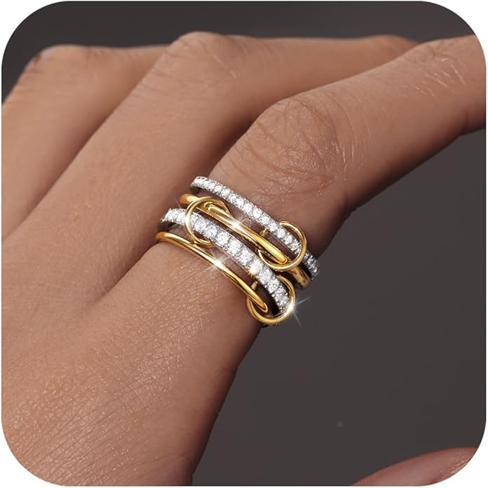 Gelbesty Stackable Gold Silver Band Rings for Women, Statement Chunky Cubic Zirconia Rings, Fashion Unique Designer Mixed Metal Jewelry Size 5/6/7/8/9/10/11