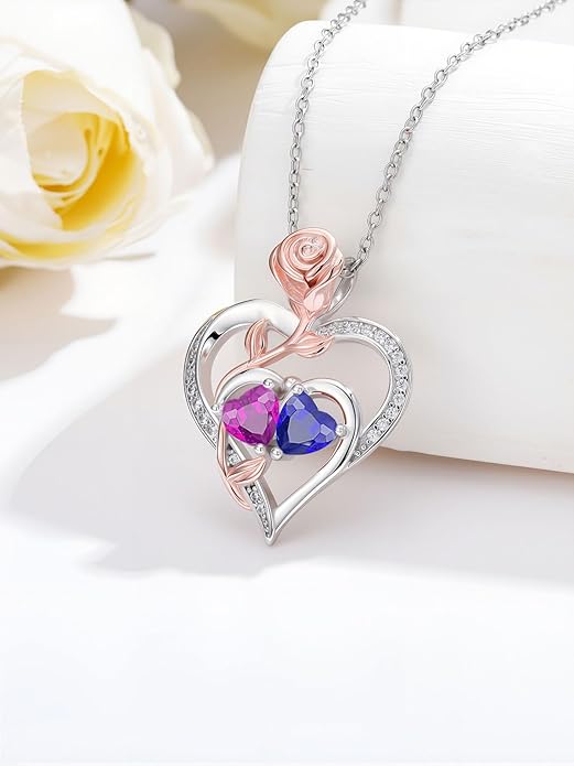 Rose Flower Heart Pendant for Women Birthday Gifts 18k Gold Plated Mother Daughter Necklace with 12 Months Birthstone Christmas Valentines Day Gifts for Her Mom Anniversarry Jewelry for Mom Wife Girlfriend