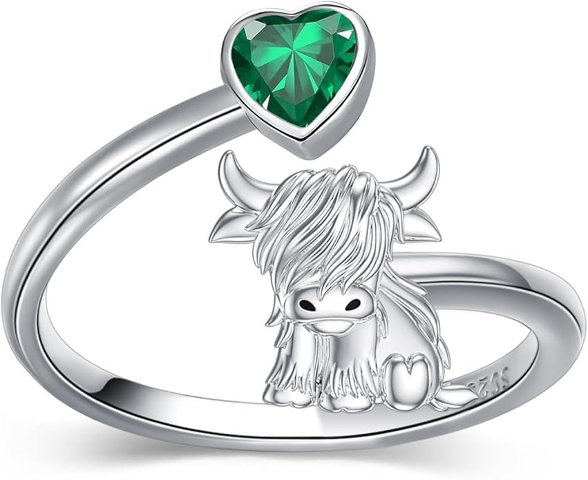 Highland Cow Ring 925 Sterling Silver Adjustable Ring Birthstone Ring Engraved Name Highland Cow Gifts Jewelry for Women