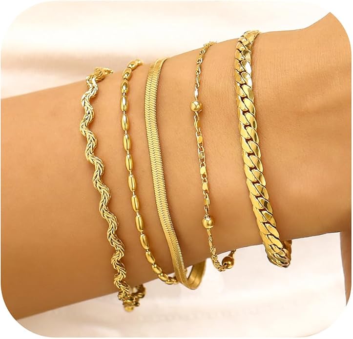 wgoud Dainty Gold Chain Bracelets, 14K Real Gold Plated Link Bracelets for Women, Trendy Stackable Bracelet Set, Waterproof Adjustable