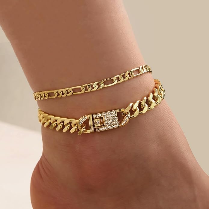 14K Gold Anklets for Women Waterproof Rhinestone Ankle Bracelet Layered Cuban Link Chain Diamond Anklet Beach Jewelry for Women