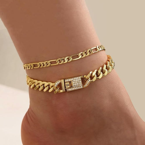 14K Gold Anklets for Women Waterproof Rhinestone Ankle Bracelet Layered Cuban Link Chain Diamond Anklet Beach Jewelry for Women
