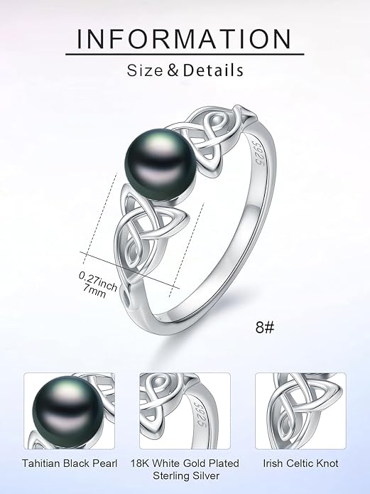 Tahitian Black Pearl AAAA 18K White Gold Plated Sterling Silver Rings for Women Wife Mom Girlfriend Valentine Her Jewelry Gift for Christmas Wedding Anniversary Birthday Graduation