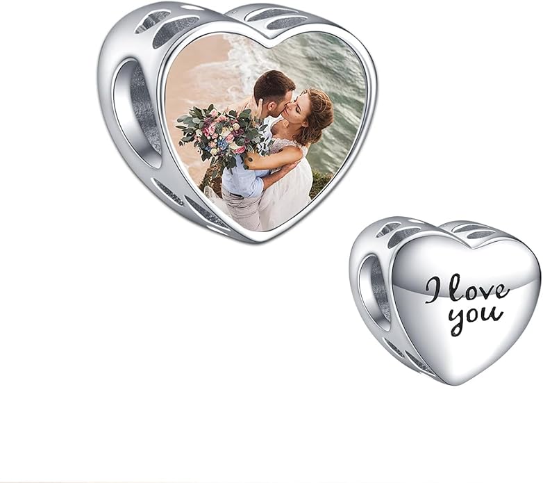 Annmors Personalized Photo Charm for Bracelet Necklaces,925 Sterling Silver Charm Love Heart Shaped Engraved Customize Picture Gift for Birthday Mother's Day Christmas,Bead Charms Jewelry for Women