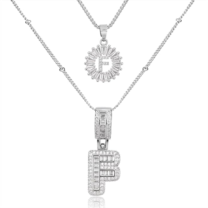 Initial Letter Necklace for Women 14k White Gold Silver Plated Dainty Necklaces Trendy Chunky Custom Layered Necklace Set Personalized Round Circle Zirconia A-Z Letter Chain Pendant Jewelry Gift