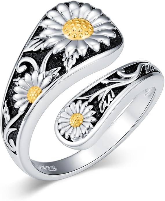LOANGO Spoon Ring for Women 925 Sterling Silver Spoon Rings Adjustable Oxidized Vintage Thumb Rings Sunflower Hummingbird Butterfly Bee Cardinal Jewelry Gifts for Women Men