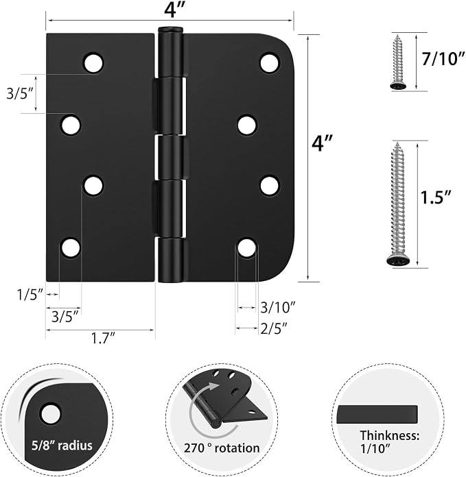 HOSOM 18 Pack Matte Black Door Hinges, 4 x 4 Inch Heavy Duty Door Hinges - Image 2