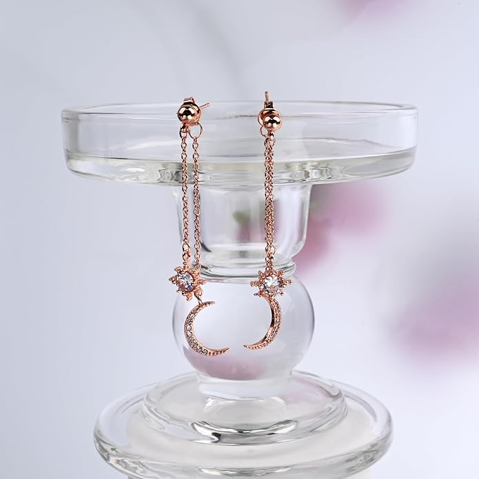 Moon and Star dangle Earrings for Women Chain Tassel with Cubic Zirconia Drop Celestial Jewelry for Wedding Gift
