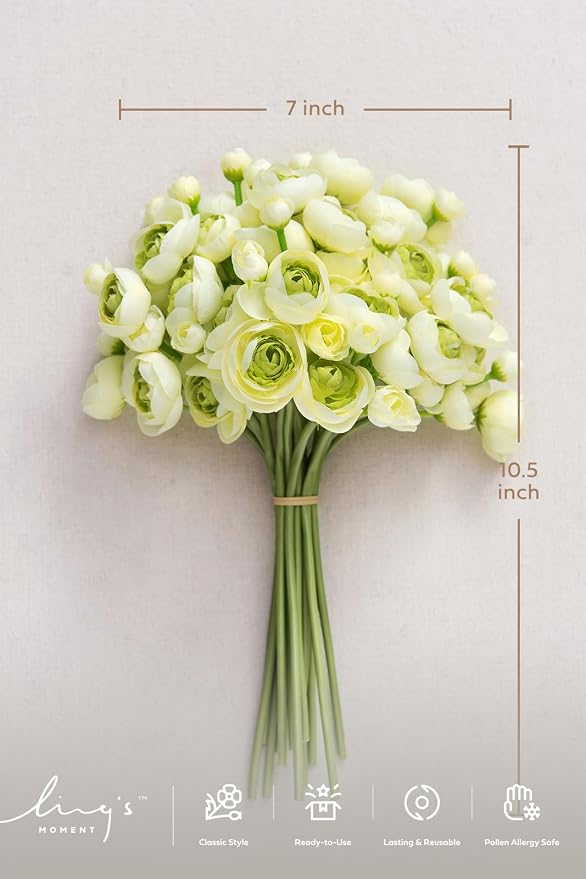 Ling's moment Fake Flowers Artificial Flower Faux Silk Ranunculus Green | Silk - Image 4