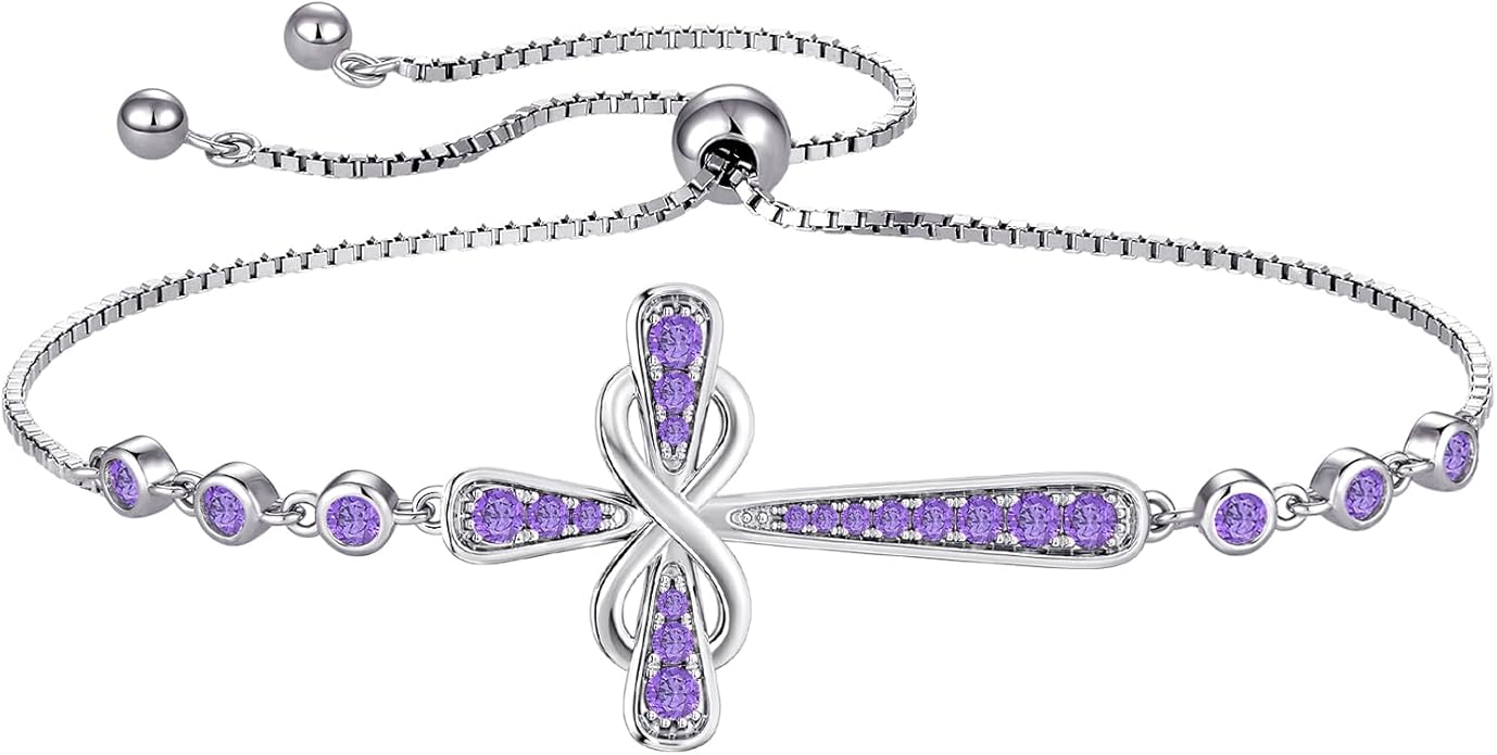 YL Cross Bracelet 925 Sterling Silver Infinity Sideways Link Bracelet Birthstone Jewelry for Women