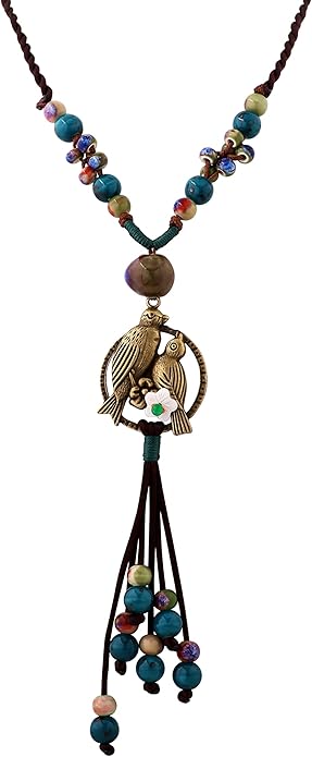 MINACHI Boho Hippie Colorful Ceramic Beads Strand O Ring Circle Charm Long Y Necklace, Vintage Bohemian Statement Jewelry Gift for Women