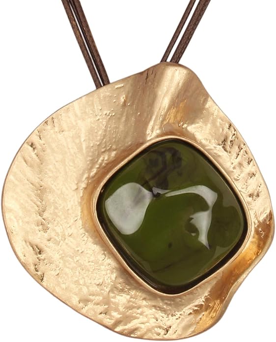 GelConnie Leather Necklace for Women Large Pendant Long Brown Necklace Circle Leather Choker Vintage Sweater Necklace Gold Chunky Boho Necklaces for Women
