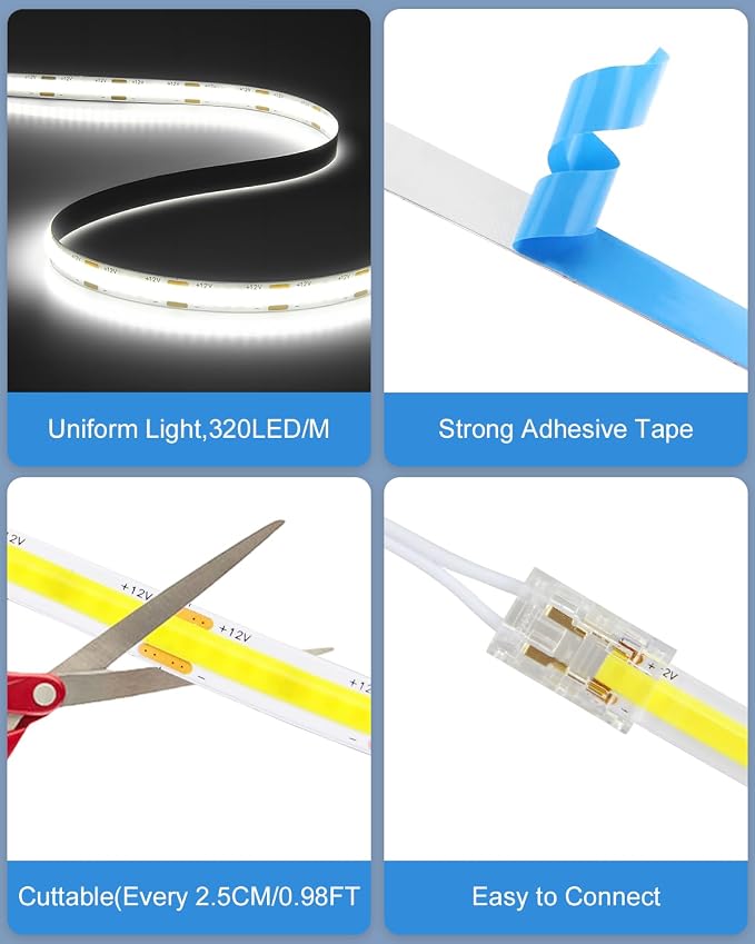 32.8FT Under Cabinet Light Strip Dimmable 11-in-1 COB LED Strip Cold White | - Image 4