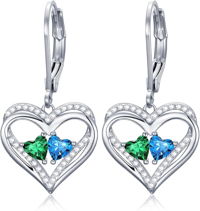 Valentines Day Gifts for Women, Heart Leverback Earrings Double Birthstone Dangle Earrings for Women, Love Jewelry for Her, Anniversary Birthday Gift for Mom Wife Girlfriend