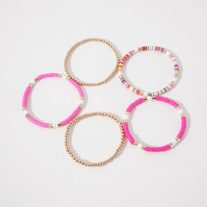 GOOJIDS Surfer Heishi Clay Bead Bracelets for Women Bohemian Stackable Gold Plated Beaded Stretch Bracelets Elastic Layering Friendship Bracelets Set Boho Jewelry