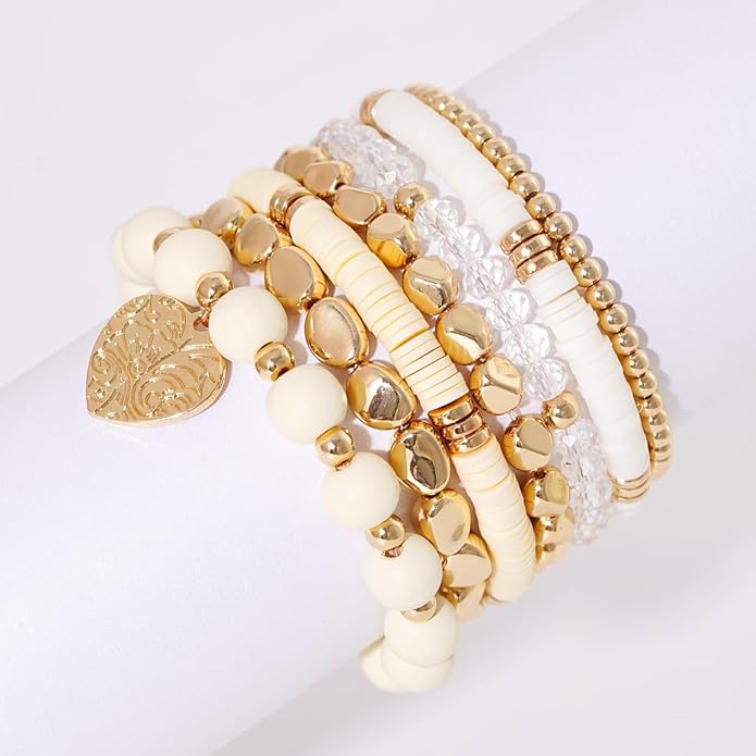 GOOJIDS Surfer Heishi Clay Bead Bracelets for Women Bohemian Stackable Gold Plated Beaded Stretch Bracelets Elastic Layering Friendship Bracelets Set Boho Jewelry