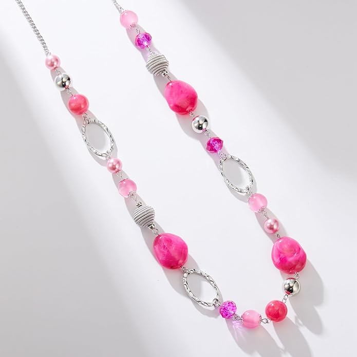 BULINLIN Beaded Long Necklace for Women Silver Sweater Chain Necklace with Crystal Resin Beads, Fashion Jewelry Necklace