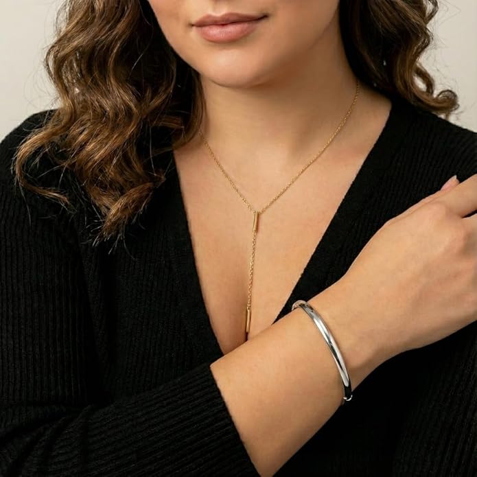 Classic 4mm Plain Bangle Bracelet for Women, 7.5 Inch, 14K Yellow Gold Plated Sterling Silver, Secure Hinge Lock, Gift for Her