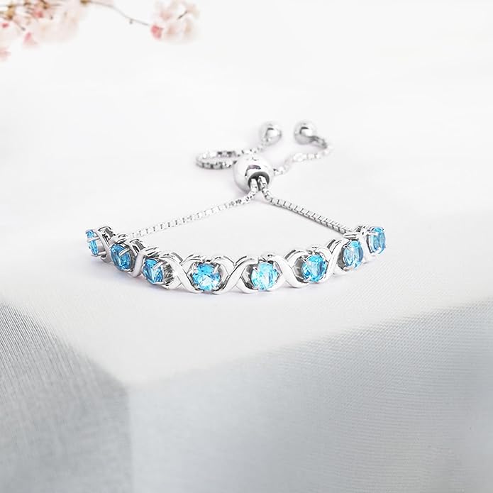 Birthstone Bangle Bracelet for Women Classic Beautiful 925 Sterling Silver Sparkling Gemstone XO Bolo Tennis Bracelet Fine Wrist Jewelry 4.2 Ct, 11"
