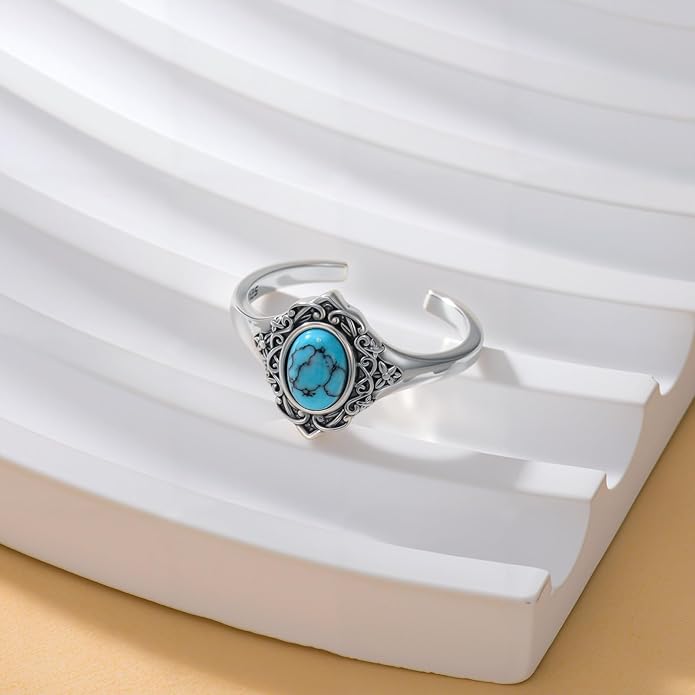 925 Sterling Silver Turquoise Adjustable Ring for Women, Vintage Bohemian Style Ring Jewelry Gifts for Mom Wife