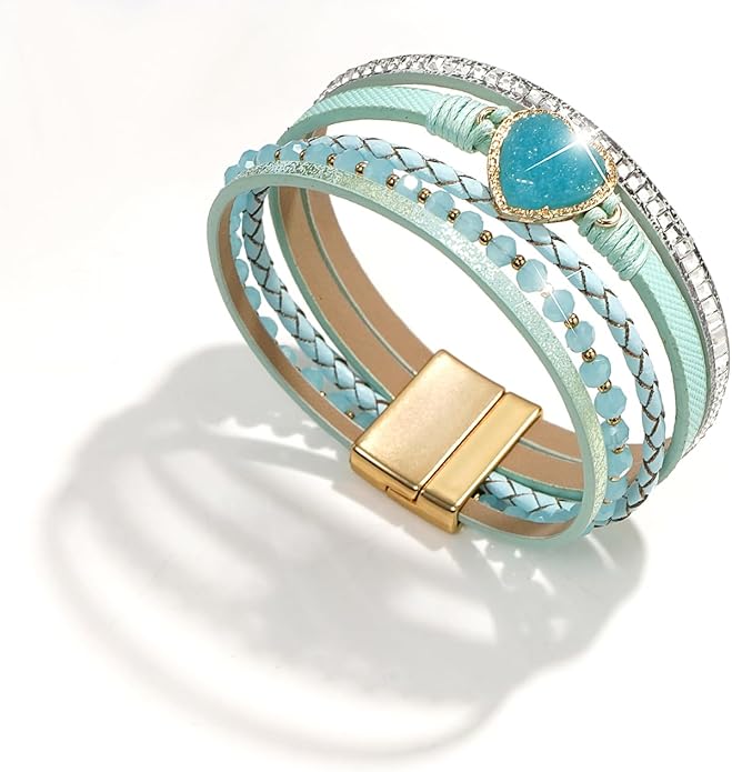 Suyi Multilayer Leather Wrap Bracelet Heart-Shape Wide Cuff Bracelets for Women