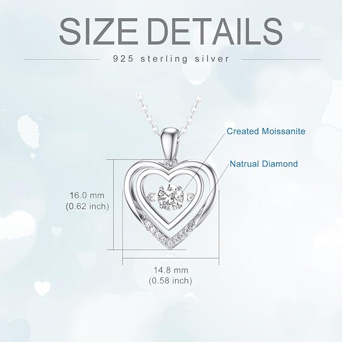 Sterling Silver 0.03 Carat Diamond and 0.46 Carat Created Moissanite Heart Necklace for Women, Jewelry Gifts for Her 18-20 Inch