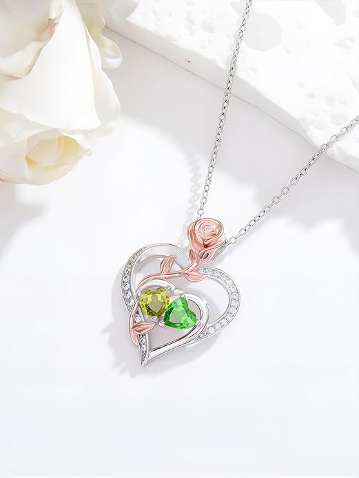 Rose Flower Heart Pendant for Women Birthday Gifts 18k Gold Plated Mother Daughter Necklace with 12 Months Birthstone Christmas Valentines Day Gifts for Her Mom Anniversarry Jewelry for Mom Wife Girlfriend