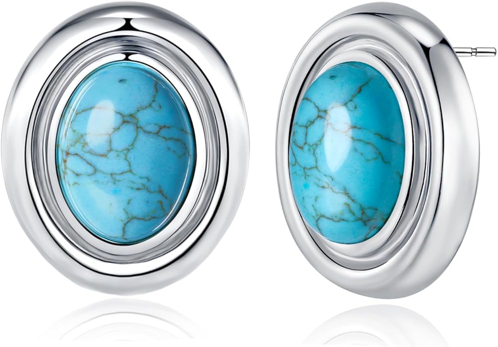 18K gold plated Medium Oval Button Chunky Statement Earrings for Women by SNGIA, (Turquoise, Carnelian, Aventurine, Amethyst, Malachite, Cat Eye, White, Cream) Bold Handmade Colored (Red, Blue, Green, White, Cream, Purple) Exaggerated Dome Retro Rounde...