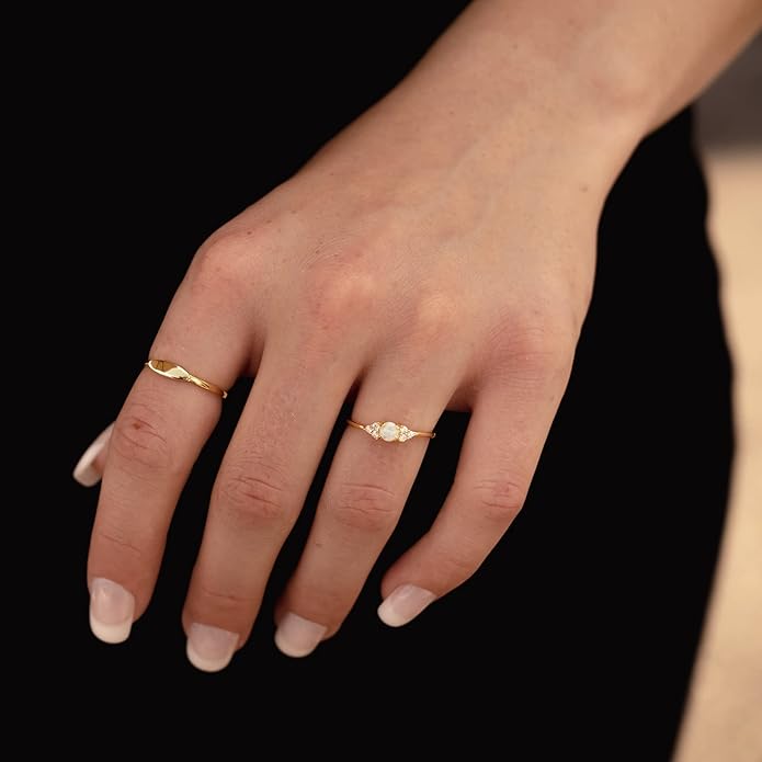 espere Sterling Silver Halo Opal Stacking Ring Simple Dainty Gold Ring Opal Ring Birthstone Ring 4-10
