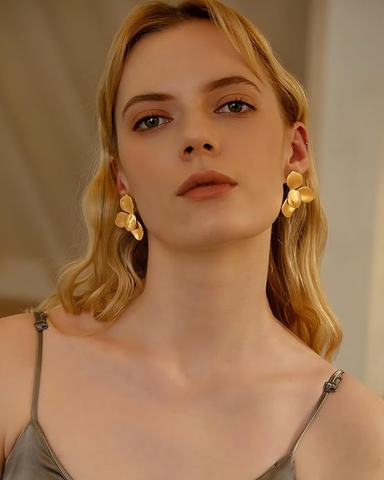 Chunky Gold Statement Earrings For Women Gold Plated Sectored Flower Leaf Shell Angel Wing Earrings Trendy Boho Jewelry For Women Large Stud Earrings Hypoallergenic Earrings