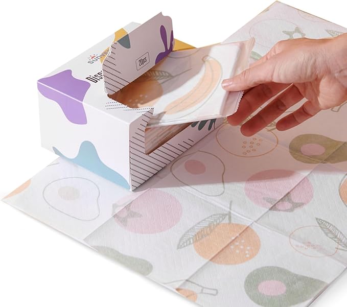 SUNVENO Disposable Baby Placemats – 20 Individually Wrapped Table Mats for Toddlers, Stick-On, Waterproof & BPA-Free – Great for Home, Restaurants, Travel & On-The-Go 18.7” X 12.5”