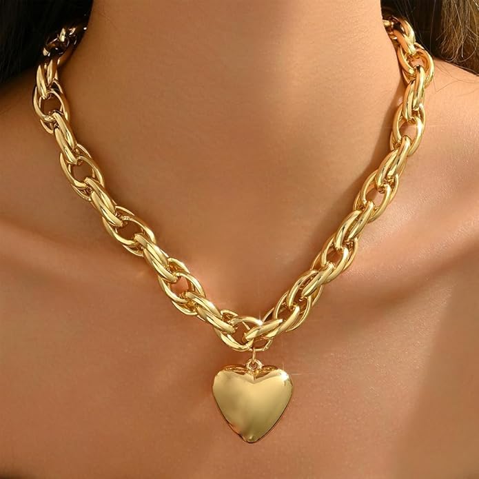 Chunky Gold Heart Necklace for Women,Y2K Big Heart Statement Necklace Long Puffy Hearts Chain Charm Necklaces Trendy Jewerly