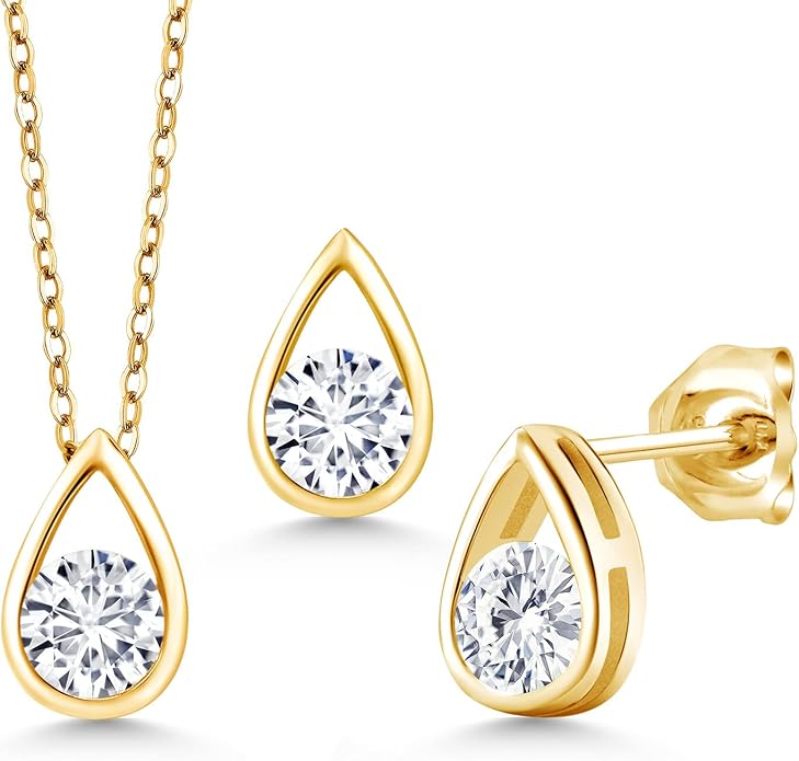 Gem Stone King 18K Yellow Gold Plated Silver 5MM Round Gemstone Birthstone Teardrop Pendant Earrings Set | Jewelry Set for Women | With 18 Inch Chain