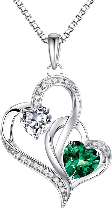 Iefil Valentines Day Gifts for Her - 925 Sterling Silver Double Birthstone Necklace, Heart Necklaces for Women, Anniversary Birthday Gifts, Personalized Jewelry Gift for Wife Mom Girlfriend