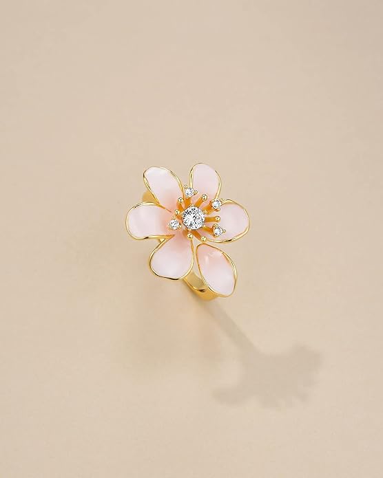 Gold Rose Pink Enamel Floral CZ FULLY ADJUSTABLE Statement Open Ring for Women by SNGIA, Daisy Orchid Flower Leaf Summer Beach Handmade Unique Pinky Band, Chunky Sunflower Stackable Cute Cuff Cocktail Ring Birthday Gift, Natural Bold Exaggerated Irregu...